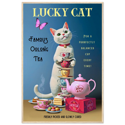 White Lucky Cat Tea Vintage Fine Art Print Light Wood Frame 60x90 cm 24x36″ Museum-Quality Matte Paper Wooden Framed Poster