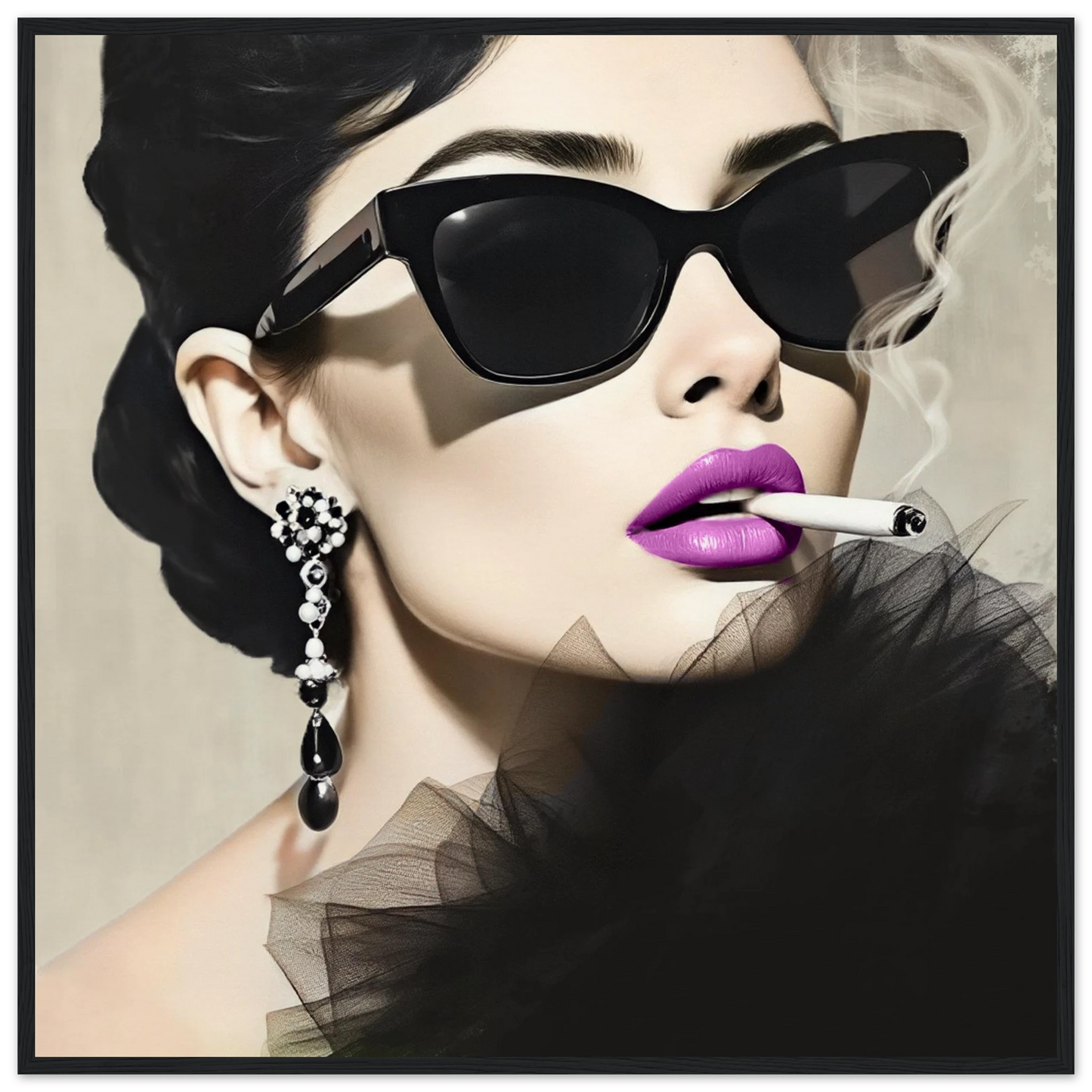 Smoking Girl Retro Fashion Model Art Print 70x70 cm 28x28″ Museum-Quality Matte Wooden Framed Poster