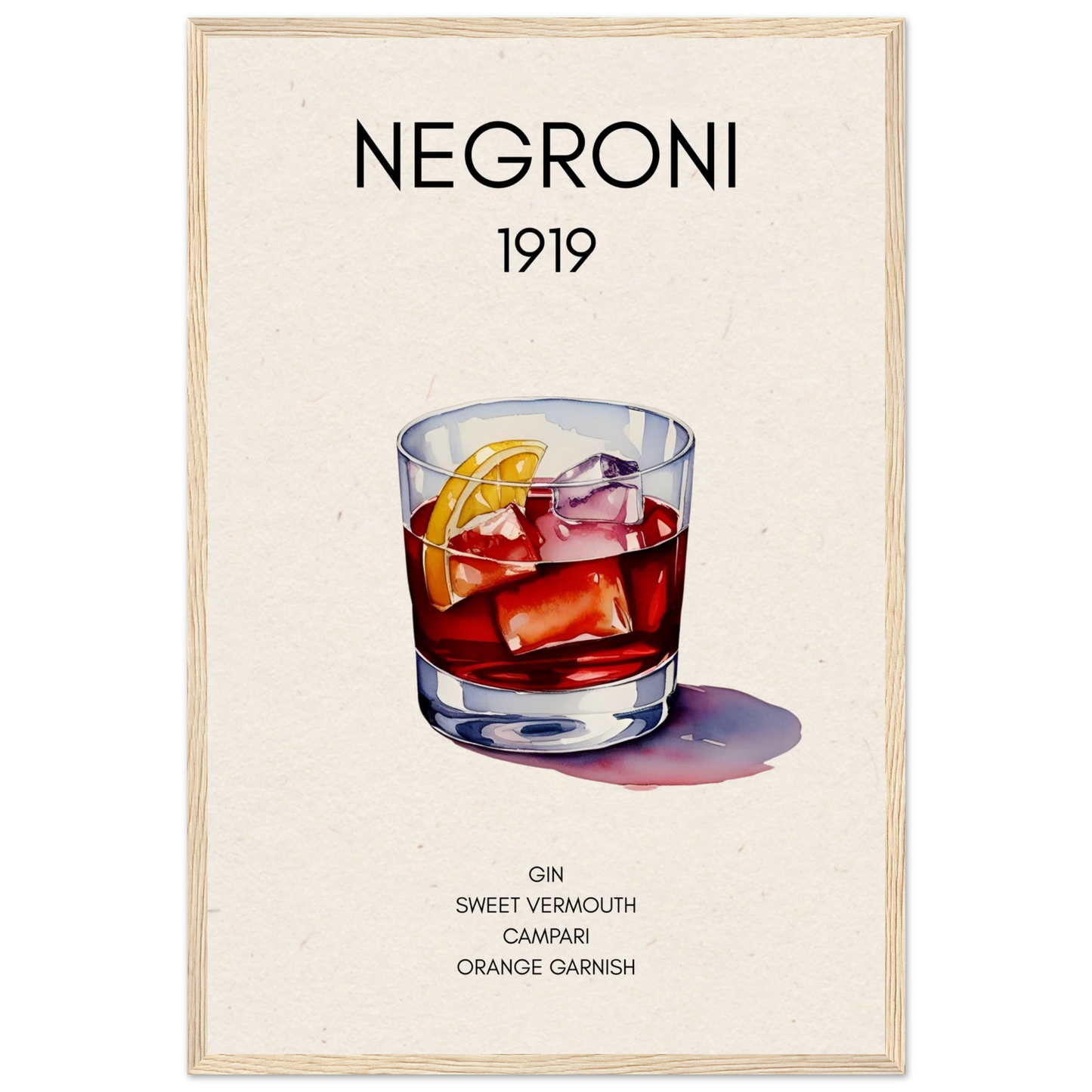Negroni Cocktail Bar Poster Print Light Wood Frame 40x60 cm 16x24″ Museum-Quality Matte Paper Wooden Framed Poster