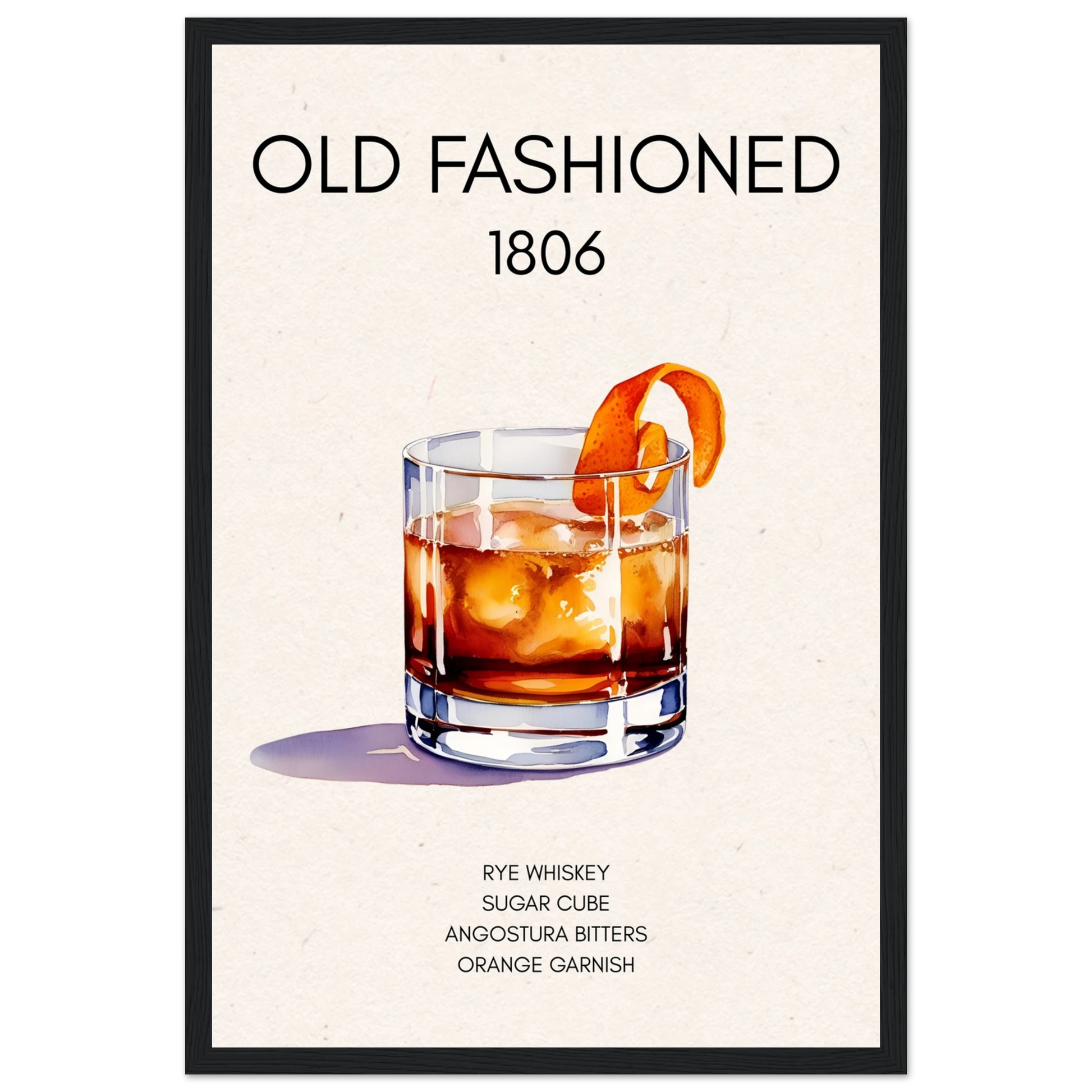 Classic Old Fashioned Cocktail Bar Poster Print Black Wood Frame 30x45 cm 12x18″ Premium Matte Paper Wooden Framed Poster