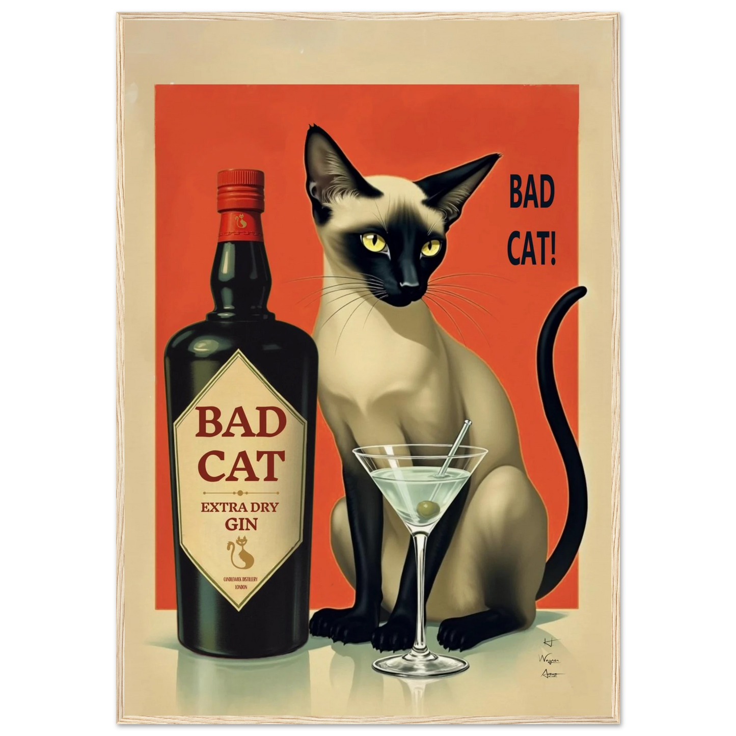 Siamese Cat Gin Martini Cocktail Art Print 70x100 cm 28x40″ Museum-Quality Matte Paper Wooden Framed Poster Light Wood Frame