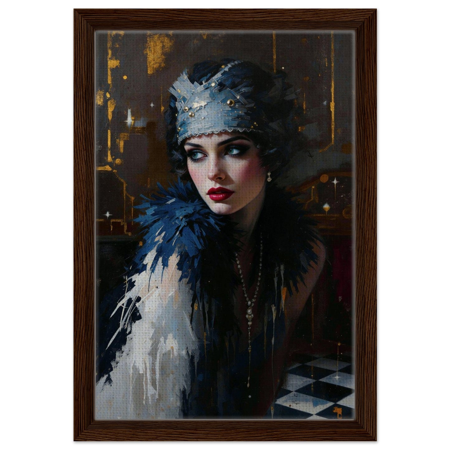 1920s Gatsby Flapper Painting Art Print - Speakeasy Prohibition Wall Decor 16x24″ Museum-Quality Matte Framed Poster - Dark Brown Wood