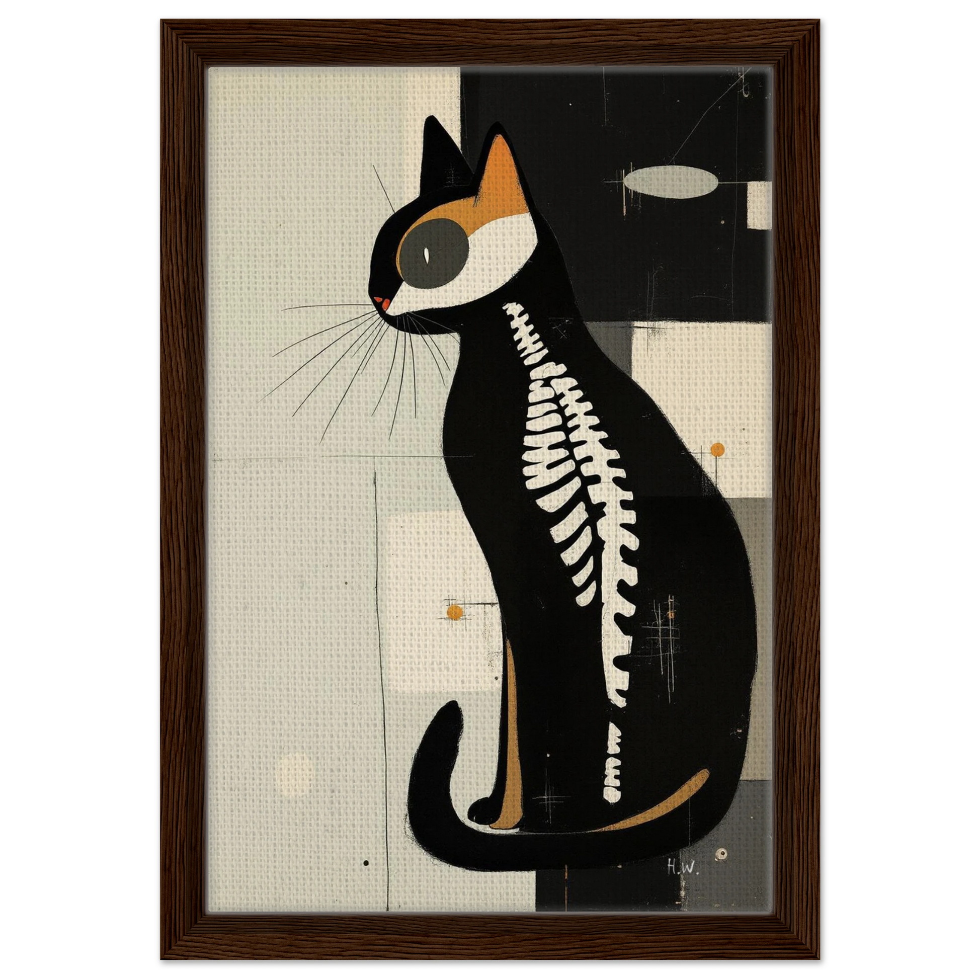 Modern Cat Skeleton Abstract Art Poster Print Dark Brown Wood Frame 30x45 cm 12x18″ Framed Canvas