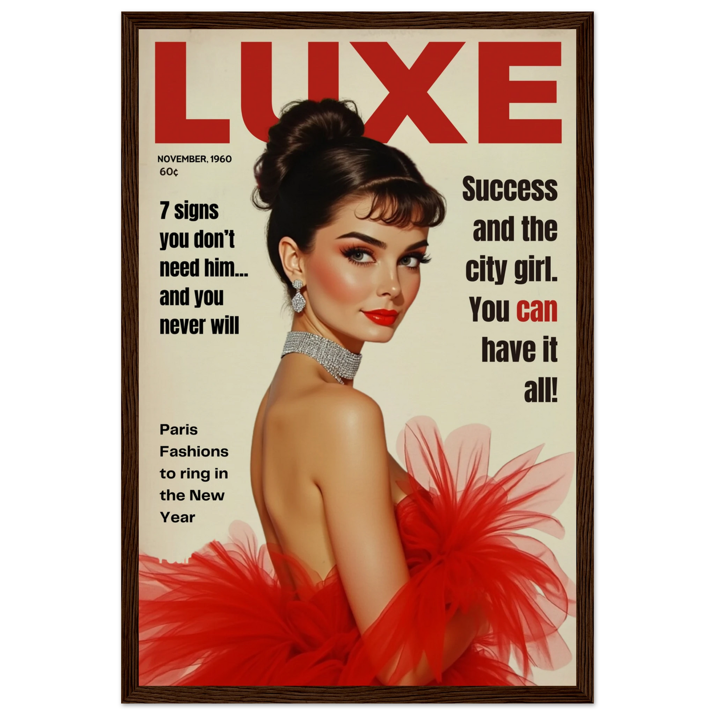 Audrey Hepburn Vintage Fashion Art Print Dark Brown Wood Frame 30x45 cm 12x18″ Museum-Quality Matte Paper Wooden Framed Poster