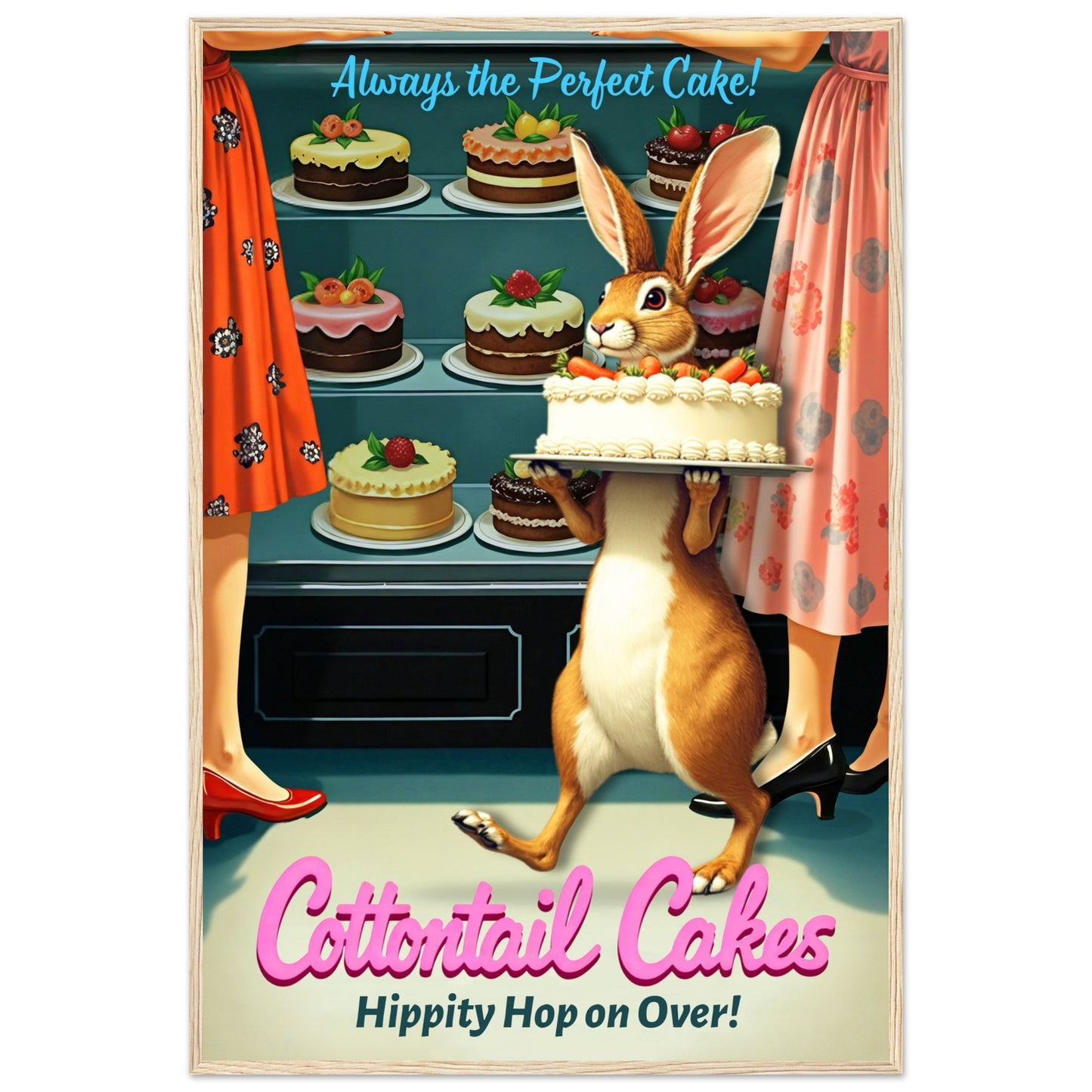 Cottontail Cakes 1950s Rabbit Art Print 60x90 cm 24x36″ Classic Matte Framed Poster - Light Wood