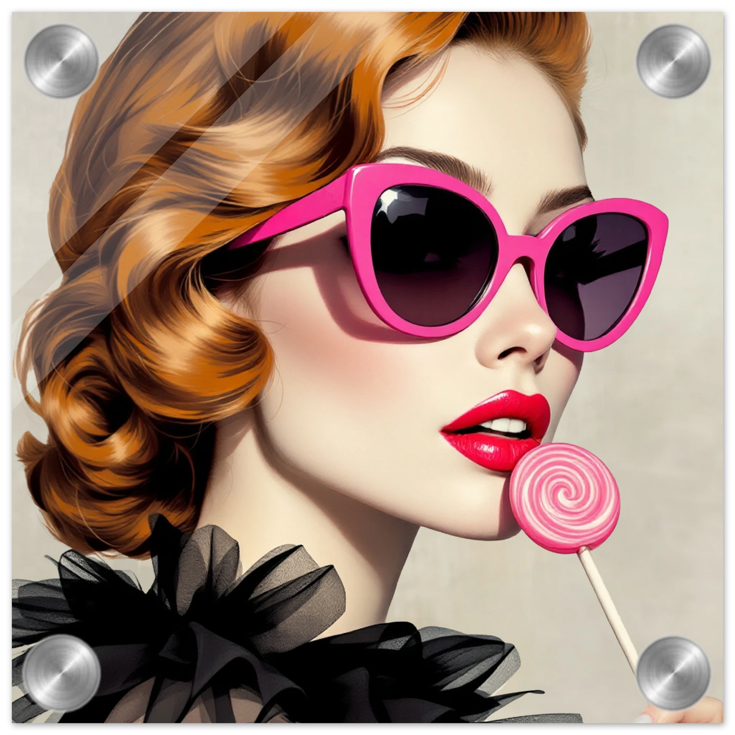 Retro Glam Fashion Model Lollipop Art Print Sleek Acrylic Print 20x20 cm 8x8″