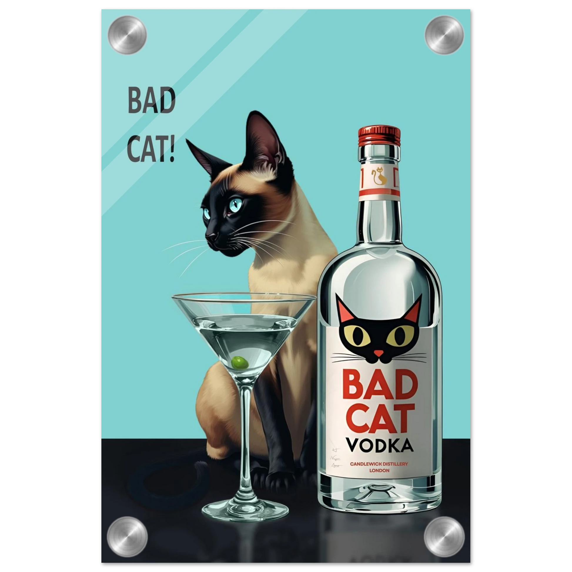 Siamese Cat Retro Martini Cocktail Bar Art Print No Frame 70x100 cm 28x40″ Sleek Acrylic Print