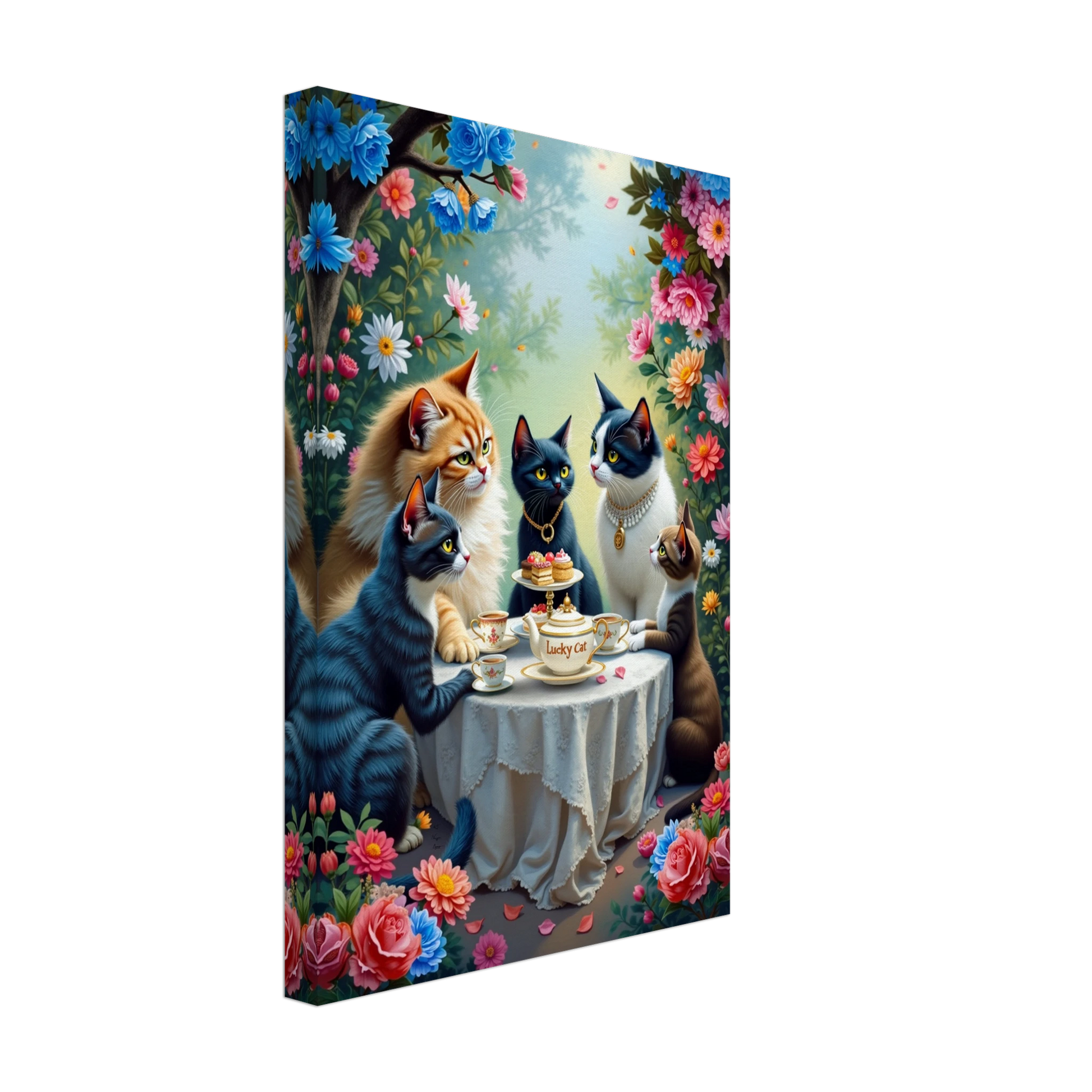 Lucky Cat Tea Party Botanical Art Print 30x45 cm 12x18″ Framed Canvas Light Wood Frame