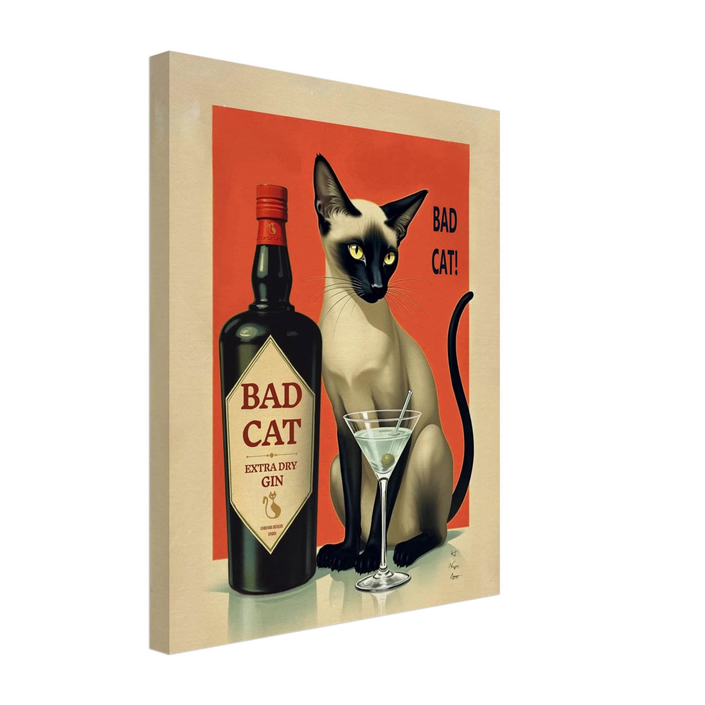 Siamese Cat Gin Martini Cocktail Art Print 40x50 cm 16x20″ Gallery Wrapped Canvas No Frame