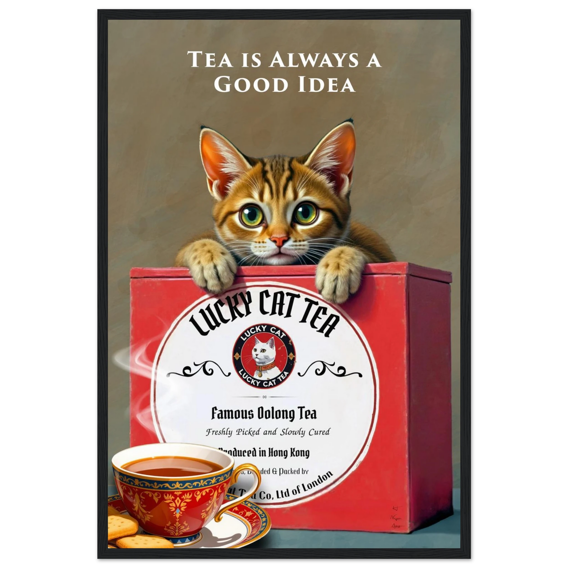 Tabby Lucky Cat Tea Vintage Kitchen Art Print Black Wood frame 40x60 cm 16x24″ Premium Matte Paper Wooden Framed Poster