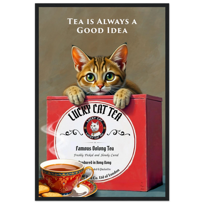 Tabby Lucky Cat Tea Vintage Kitchen Art Print Black Wood frame 40x60 cm 16x24″ Premium Matte Paper Wooden Framed Poster