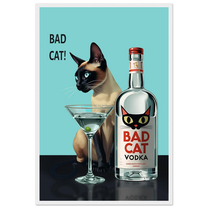 Siamese Cat Retro Martini Cocktail Bar Art Print Black Wood Frame 40x60 cm 16x24″ Framed Canvas