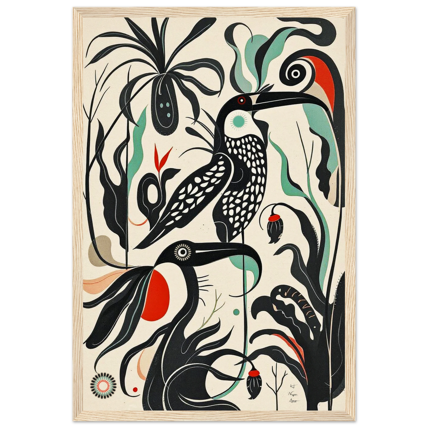 Mid-Century Modern Tropical Bird Art Print Light Wood Frame 30x45 cm 12x18″ Museum-Quality Matte Wooden Framed Poster