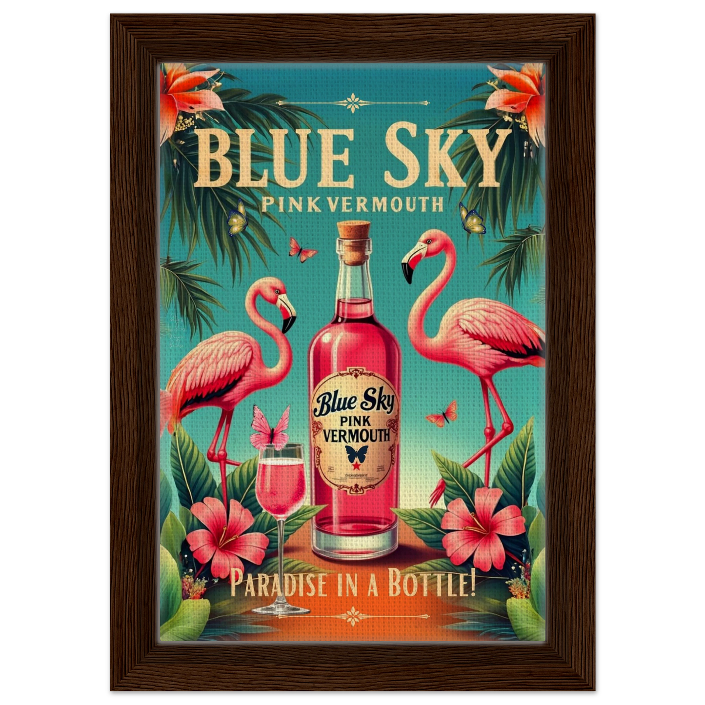 Vintage Pink Flamingo Tiki Bar Art Print 20x30 cm 8x12″ Framed Canvas Dark Brown Wood Frame