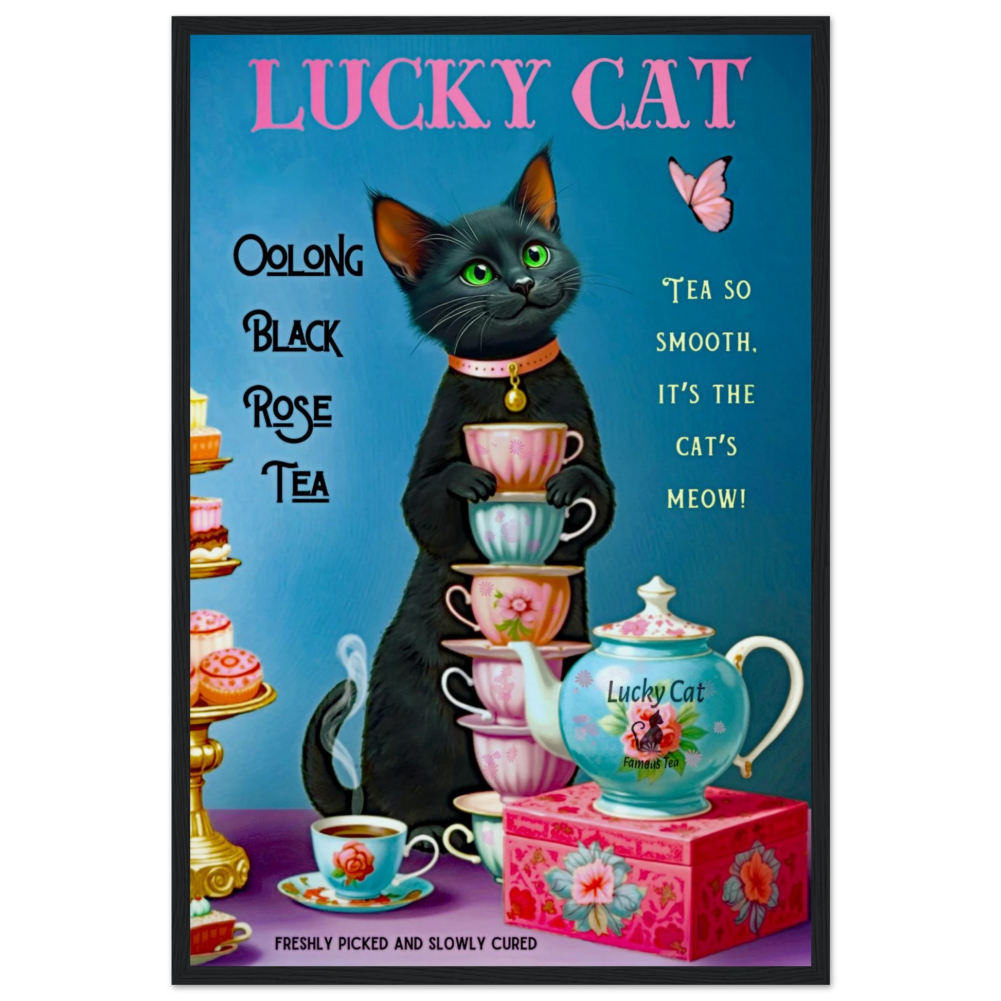 Lucky Cat Vintage Oolong Tea Art Print 40x60 cm 16x24″ Museum-Quality Matte Paper Wooden Framed Poster Black Wood frame
