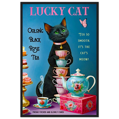 Lucky Cat Vintage Oolong Tea Art Print 40x60 cm 16x24″ Museum-Quality Matte Paper Wooden Framed Poster Black Wood frame
