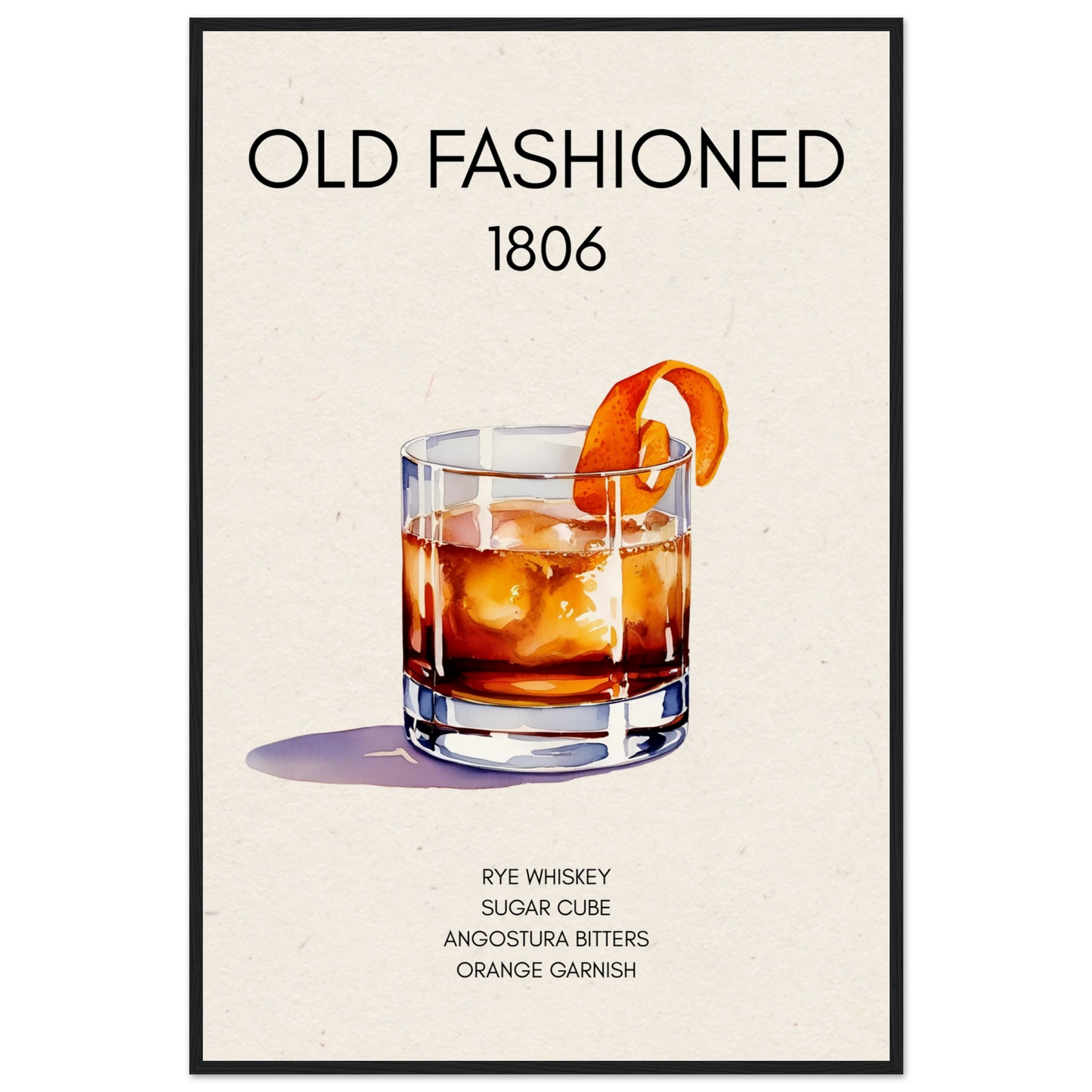 Classic Old Fashioned Cocktail Bar Poster Print Black Wood Frame 60x90 cm 24x36″ Museum-Quality Matte Paper Wooden Framed Poster