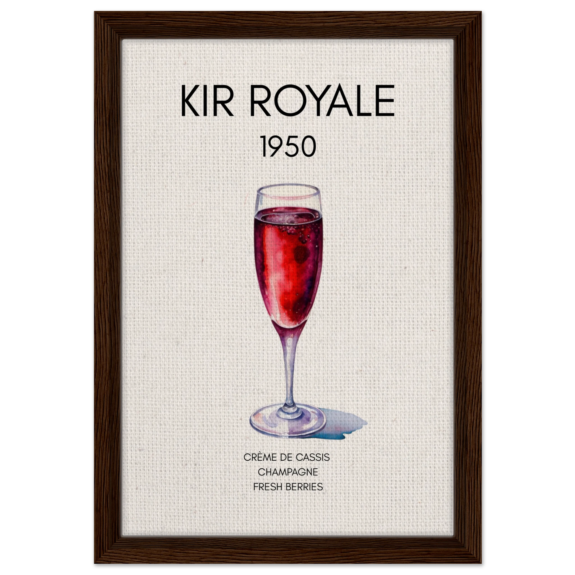Kir Royale Champagne Cocktail Bar Art Print Dark Brown Wood Frame 30x45 cm 12x18″ Framed Canvas