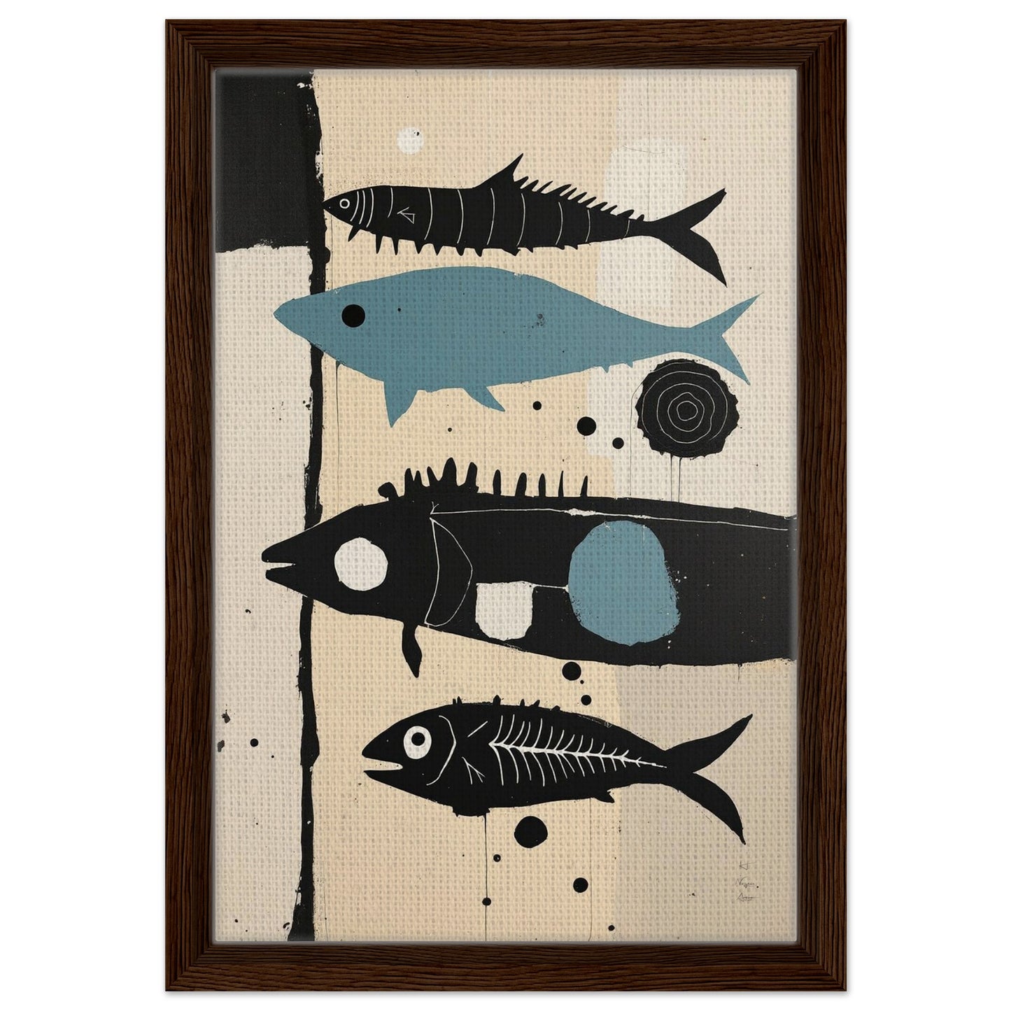 Mid-Century Modern Fish Art Poster Print – Framed Abstract Neutral Wall Decor Dark Brown Wood Frame 30x45 cm 12x18″ Framed Canvas