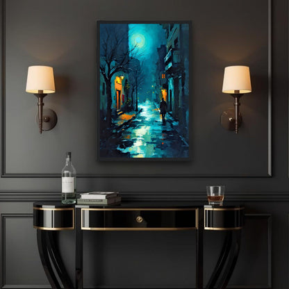 Blue Moon Night Street Scene Art Print