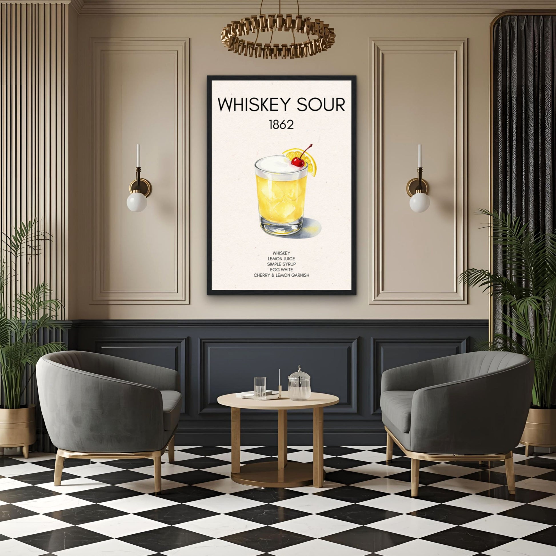 Whiskey Sour Cocktail Bar Poster Print Dark Brown Wood Frame 30x45 cm 12x18″ Framed Canvas