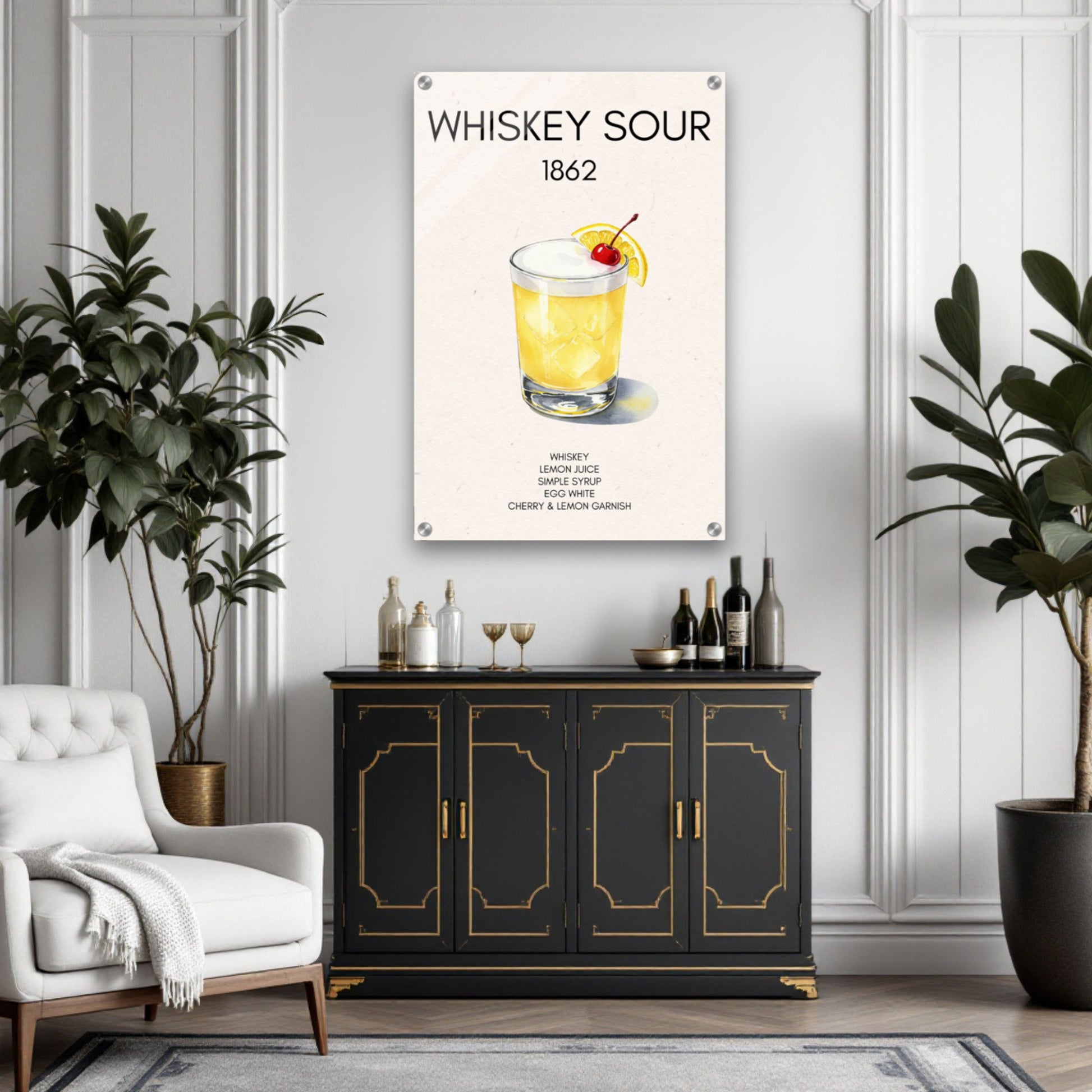 Whiskey Sour Cocktail Bar Poster Print Dark Brown Wood Frame 30x45 cm 12x18″ Framed Canvas