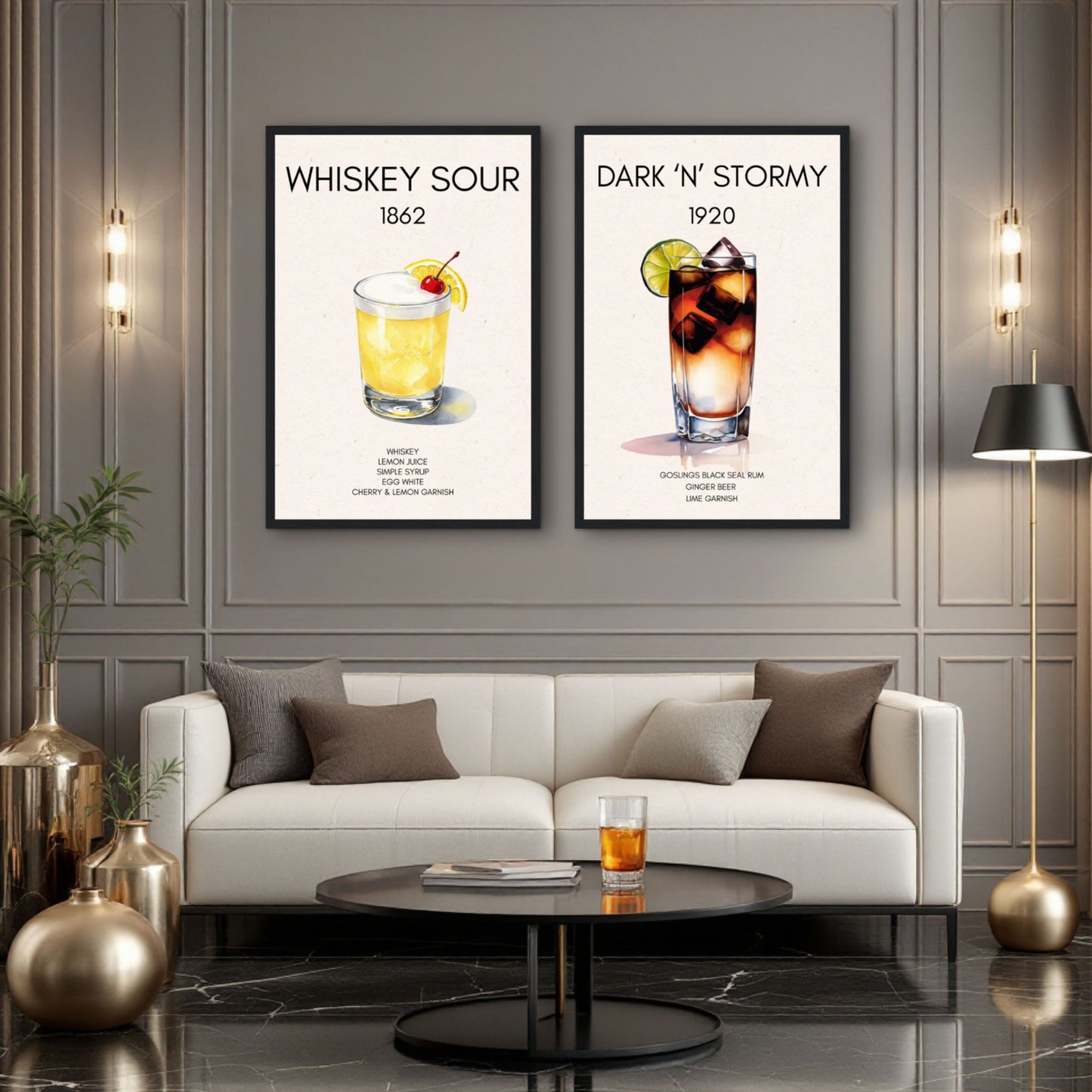 Whiskey Sour Cocktail Bar Poster Print Dark Brown Wood Frame 30x45 cm 12x18″ Framed Canvas