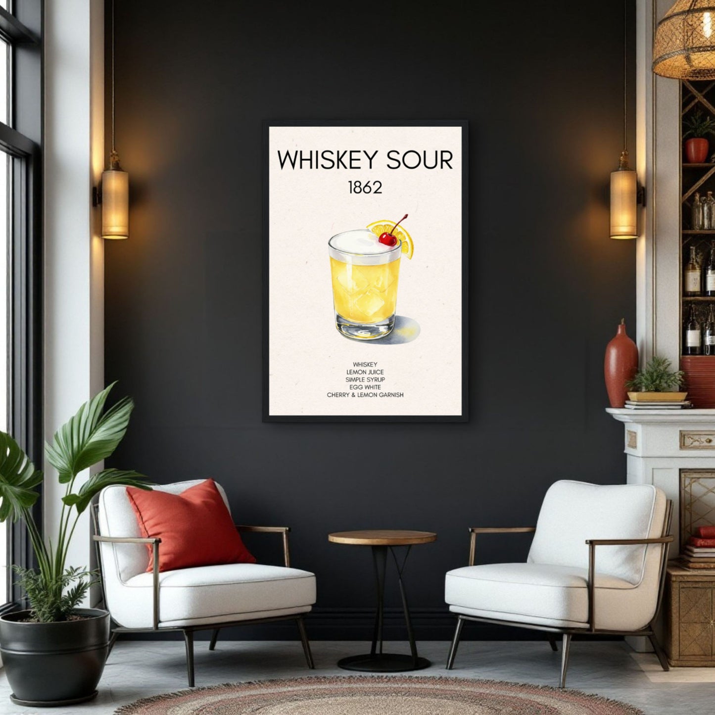 Whiskey Sour Cocktail Bar Poster Print Dark Brown Wood Frame 30x45 cm 12x18″ Framed Canvas