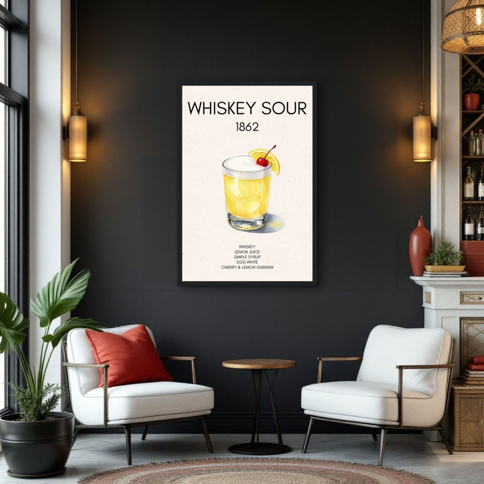 Whiskey Sour Cocktail Bar Poster Print Dark Brown Wood Frame 30x45 cm 12x18″ Framed Canvas