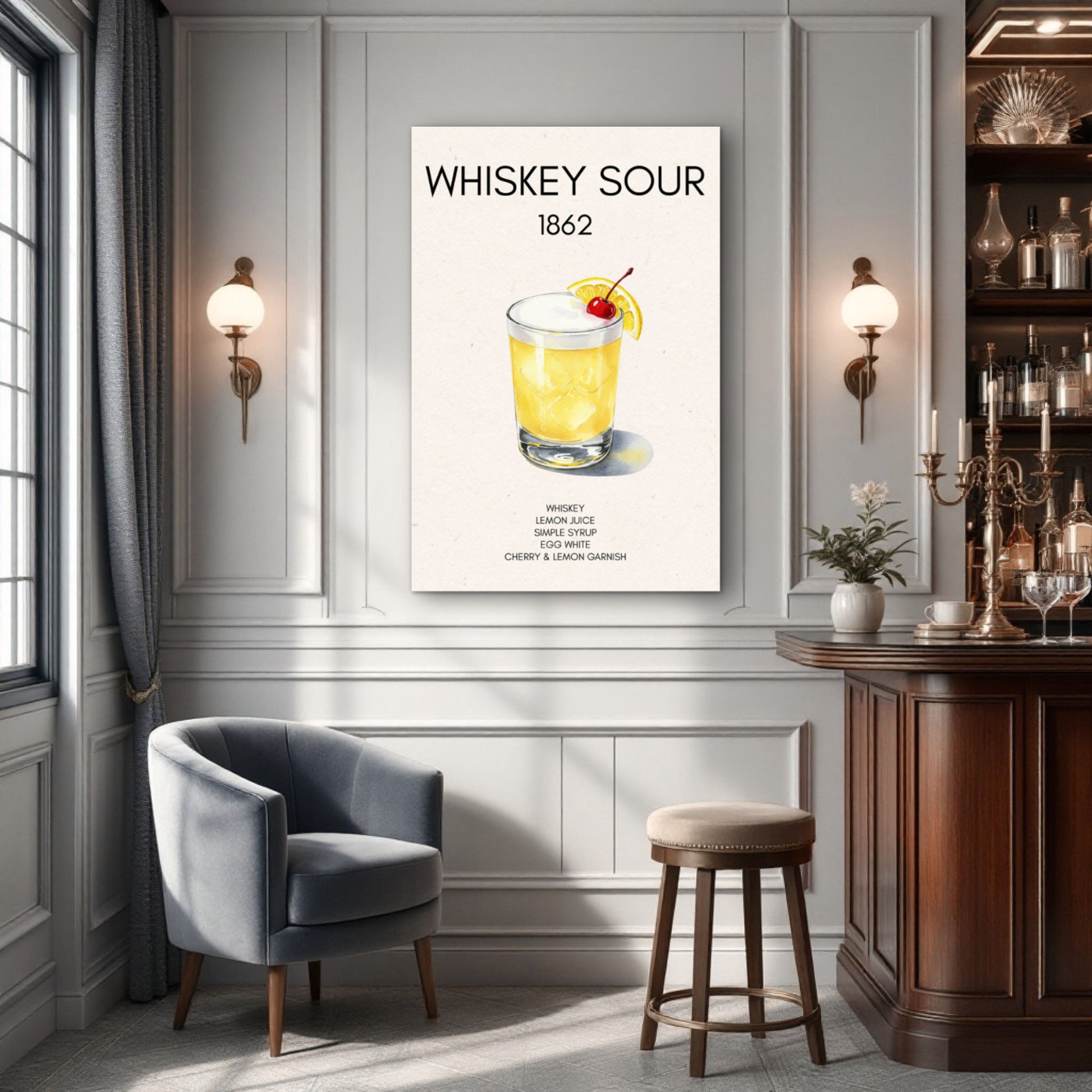 Whiskey Sour Cocktail Bar Poster Print Dark Brown Wood Frame 30x45 cm 12x18″ Framed Canvas