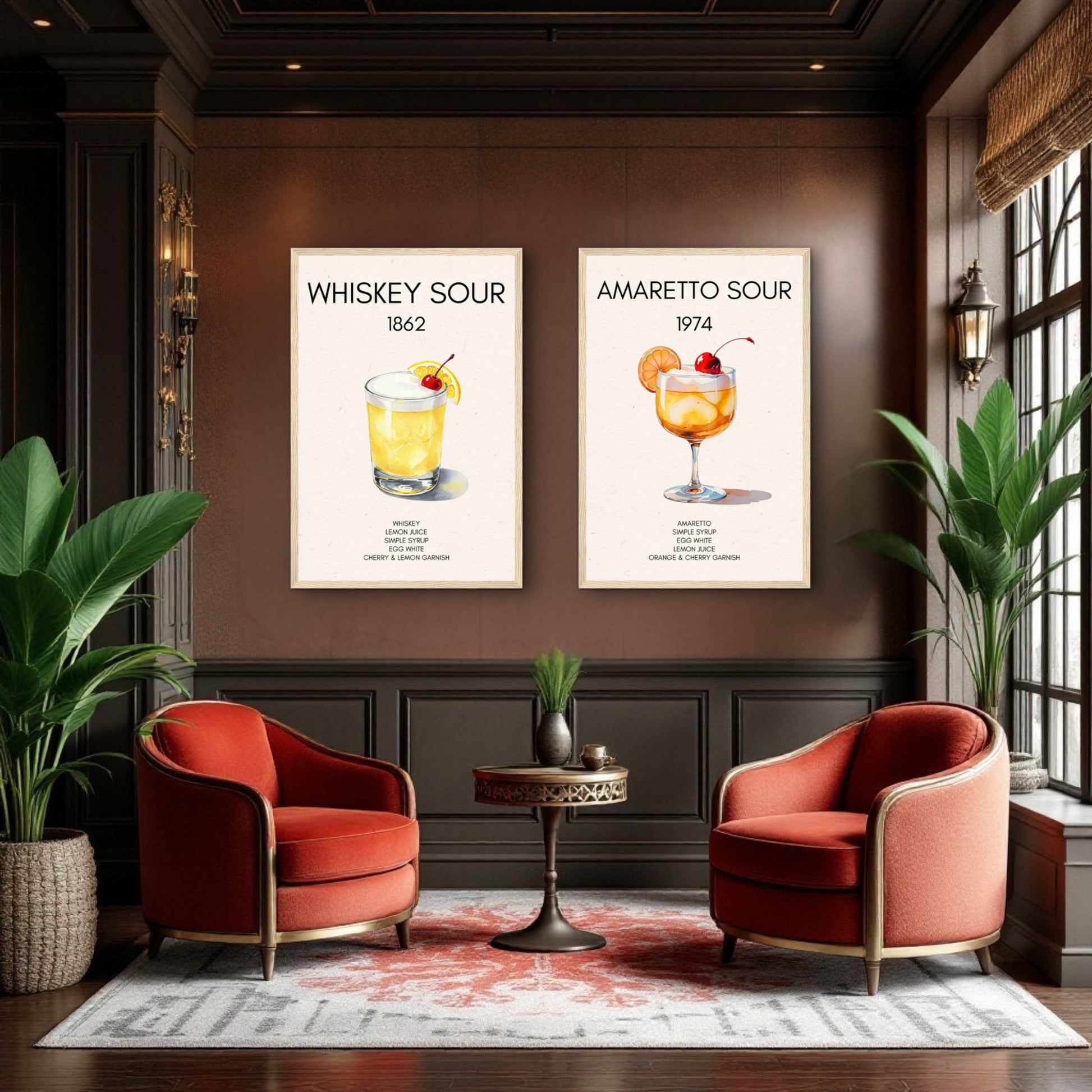 Whiskey Sour Cocktail Bar Poster Print Dark Brown Wood Frame 30x45 cm 12x18″ Framed Canvas